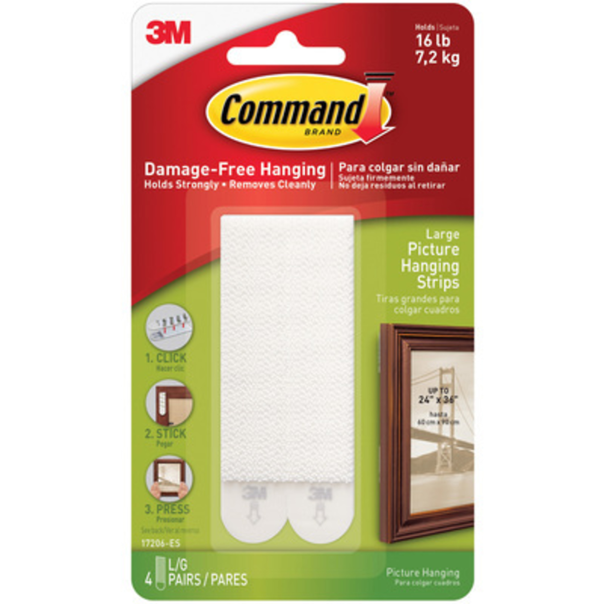 3M, Command Picture Hanging Strips - Large 17206 4/CS, Model# CHS1300